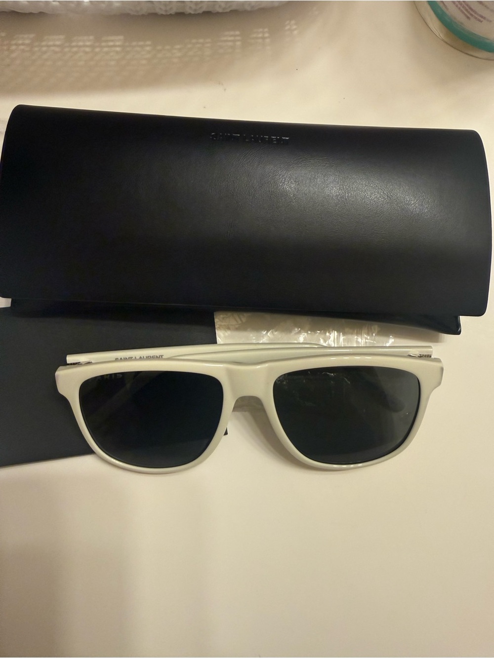 BNWOT Authentic Saint Laurent Ivory Frame Sunglasses with Black Lenses and Case